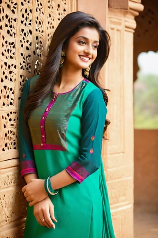 a slim,beautiful AND BOLD indian girl, age 20 year, head to LEG portrait, long black and thick hair,indian GIRL style, wearing INDIAN SALWAR KAMEEZ ,SMILE FACE,anya_chalotra