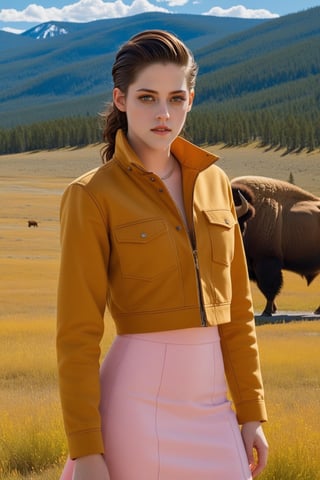 ((Hyper-Realistic)) close-up photo of a beautiful 1girl standing in front of A lamar valley \(lamarva11ey\) in Yellowstone,(kristen stewart:1.3),20yo,detailed exquisite face,detailed soft skin,looking at viewer,playful smirks,hourglass figure,perfect female form,model body,(perfect hands:1.2),(elegant yellow jacket,white shirt and pink skirt),(backdrop: outdoors,sky,day, cloud,tree,cloudy sky,grass,nature,highly detailed and realistic beautiful scenery,mountain,winding road,landscape,(american bisons:1.3)),(girl and bison focus:1.3)
BREAK
aesthetic,rule of thirds,depth of perspective,perfect composition,studio photo,trending on artstation,cinematic lighting,(Hyper-realistic photography,masterpiece, photorealistic,ultra-detailed,intricate details,16K,sharp focus,high contrast,kodachrome 800,HDR:1.2),photo_b00ster,real_booster,ye11owst0ne,(lamarva11ey:1.2),more detail XL,art_booster,ani_booster