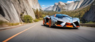 (1 car, 2013 Lamborghini Egoista designed by Walter de Silva), Generate an image of a Lamborghini Egoista driving along a scenic mountain road in Yosemite National Park, with towering granite cliffs, lush green forests, and a clear blue sky as the epic backdrop. The car's sleek design and the breathtaking natural scenery should evoke a sense of adventure and awe. night time, best quality, realistic, photography, highly detailed, 8K, HDR, photorealism, naturalistic, lifelike, raw photo,H effect,y0sem1te,real_booster