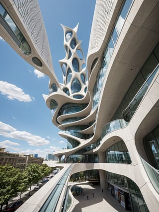 A futuristic and stunningly beautiful high-rise shopping center architectural structure with bold, futuristic design elements, blending seamlessly into the art form of digital illustration. Inspired by the works of Syd Mead. The scene showcases the center amidst a bustling city, its sleek lines contrasting with the urban environment. A warm color temperature adds vibrancy, highlighting the architectural details. Shoppers and visitors exhibit expressions of awe and excitement. Illuminated by soft, diffused lighting, the atmosphere exudes sophistication and promise of tomorrow(masterpiece),(high quality), best quality, real,(realistic), super detailed, (full detail),(4k),8k,no humans, scenery, building, ((500-meter tall buildings)),outdoors, window, road, sky, street, lamppost, tree, power lines,,Organic modernist architecture, glass curtain walls, interesting shapes, super high-rise buildings in the block,Dreamscape,wrench_elven_arch