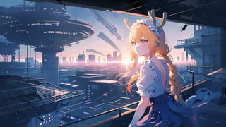 1 girl, 1 girl perched on a futuristic rooftop, gazing at a holographic city skyline, solitude, reflection, cityscape, futurism, contemplation, rooftop lair, wide-angle lens, twilight, 24mm focal distance, cyberpunk landscape, by SilverWhiskers, tohru (maidragon), TohruDM, NTail, white pantyhose, yellow hair, 4k, beautiful, masterpiece,More Detail,portrait,backlight