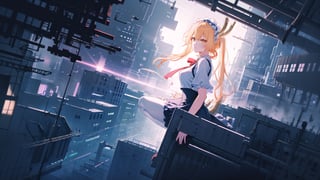 1 girl, 1 girl perched on a futuristic rooftop, gazing at a holographic city skyline, solitude, reflection, cityscape, futurism, contemplation, rooftop lair, wide-angle lens, twilight, 24mm focal distance, cyberpunk landscape, by SilverWhiskers, tohru (maidragon), TohruDM, NTail, white pantyhose, yellow hair, 4k, beautiful, masterpiece,More Detail,portrait,backlight