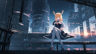 1 girl, 1 girl perched on a futuristic rooftop, gazing at a holographic city skyline, solitude, reflection, cityscape, futurism, contemplation, rooftop lair, wide-angle lens, twilight, 24mm focal distance, cyberpunk landscape, by SilverWhiskers, tohru (maidragon), TohruDM, NTail, white pantyhose, yellow hair, 4k, beautiful, masterpiece,More Detail,portrait,backlight