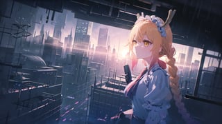 1 girl, 1 girl perched on a futuristic rooftop, gazing at a holographic city skyline, solitude, reflection, cityscape, futurism, contemplation, rooftop lair, wide-angle lens, twilight, 24mm focal distance, cyberpunk landscape, by SilverWhiskers, tohru (maidragon), TohruDM, NTail, white pantyhose, yellow hair, 4k, beautiful, masterpiece,More Detail,portrait,backlight