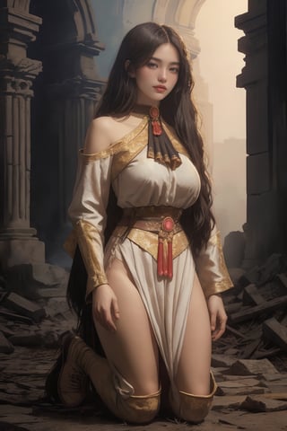 (masterpiece, top quality, best quality, official art, beautiful and aesthetic:1.2), hdr, high contrast, wideshot, 1girl,juicy lips, large breast, light smile, finger detailed, (ancient female warrior clothes:1.3), background detailed, ambient lighting, extreme detailed, cinematic shot, realistic ilustration, (soothing tones:1.3), (hyperdetailed:1.2), emprisoned, jailed, tied, jail, kneel,kneeling, eyes open, 