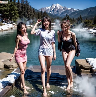 3 girl, high school girl, graduation trip, hot spring trip, hot spring inn, open-air hot spring, soaking in the open-air hot spring, fine snow, hot spring heat presents contrast, everyone has a comfortable expression, moaning and panting face,(full body:1.5)