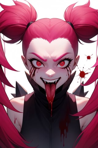 Spinel, pink hair,1girl, solo, masterpiece, 8k,high_resolution,pink skin,pigtails,spiky hair,evil smile,facing_viewer,standing,portrait,

sticking_tongue_out,Female,yandere,red_eyes,blood_on_face,long_tongue
,