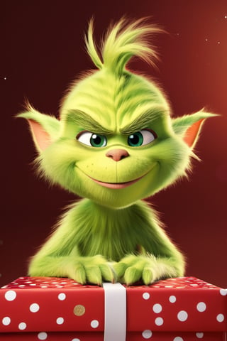 Pixar animation, detailed skin texture,a highly detailed, Fluffy baby Grinch opening gifts for Christmas, Photography