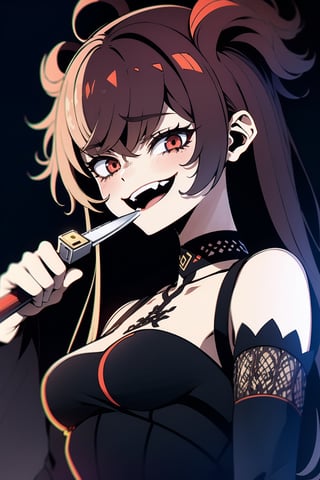 ,portrait,edgGesugao high quality,masterpiece(medium long shot),1 one girl ganyu from genshi impact(eyes purple, demonic smile,dark brown hair,red horns,black dress, holding a knife with lelf  hand,
