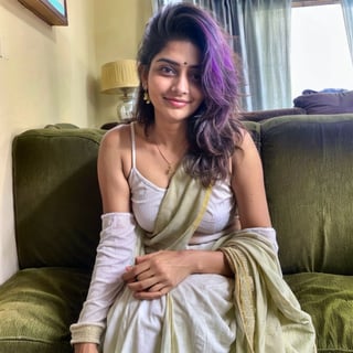 beautiful cute young attractive indian teenage girl, village girl, 18 years old, cute,  Instagram model, hair, colorful hair, warm, dacing, in home sit at  sofa, indian

