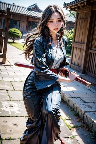 masterpiece, best quality, ultra realistic illustration, 16K, (HDR), high resolution, female_solo, slender hot body proportion, looking at viewer, big eyes, beautiful korean girl, 1 female samurai , holding sword katana+battoujutsu, (wearing highly detailed red haori+hakama skirt), full-body shot, (white long hair:1.0), (green eyes:1.0), highly detailed background of ancient Japan architecture, add More Detail,Enhance,chinatsumura