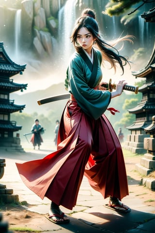 masterpiece, best quality, ultra realistic illustration, 16K, (HDR), high resolution, female_solo, slender hot body proportion, looking at viewer, big eyes, beautiful korean girl, 1 female samurai , holding sword katana+battoujutsu, (wearing highly detailed red haori+hakama skirt), full-body shot, (white long hair:1.0), (green eyes:1.0), highly detailed background of ancient Japan architecture, add More Detail,Enhance,chinatsumura,Holy light