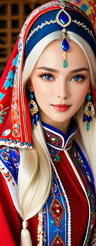 Beautiful Ukrainian girl,16 years old,A happy expression,Beautiful iris with high precision,blue eyes,Turkmenistan Chirpy,(Big breasts),(Deep cleavage),(long pure white hair),smooth hair,
Wearing traditional Turkmen wedding costumes intricately embroidered with delicate and beautiful patterns, characterized by bright colors and fine needlework, women wear headscarves and headdresses decorated with jewels and beads, adding elegance to their ensembles, earrings, necklaces, bracelets, and other accessories. accessories, red bottoms, and fur boots,Extremely Realistic,dal