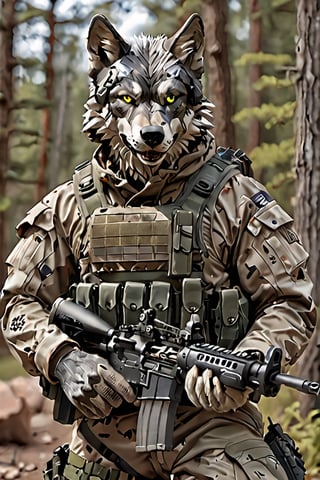 A wolf adorned in modern military gear exudes a powerful and commanding presence. Clad in tactical gear designed for efficiency and functionality, the wolf blends seamlessly into its surroundings with camouflage patterns and durable fabrics. Its keen eyes survey the terrain with precision, while its sharp claws and powerful muscles make it a formidable force to be reckoned with.,anthro,mw,M16 Rifle series