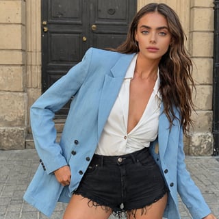  Full realistic photo from far of a stylish young woman with large, captivating eyes, thick eyebrows, a strong jawline, high cheekbones, and a natural complexion. Her hair is in loose waves. slim boned, long limbed, lithe and with very little body fat and little muscle .Highlighting her as a modern, approachable virtual influencer 
Full body 
Weared blue jacket, white shirt, black pnt
Standing 
Black shoes 
Foot toes 
,YaelShelbia