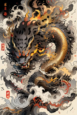 A beautifully drawn (((sumi-e ink illustration))) depictinga golden dragon that throws fire
