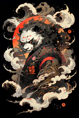 A beautifully drawn (((vintage t-shirt print))), featuring intricate ((retro-inspired typography)) encircling a (((sumi-e ink illustration))) depicting panda, integrating elements of Japanese calligraphy  with black back ground
,MeganFox