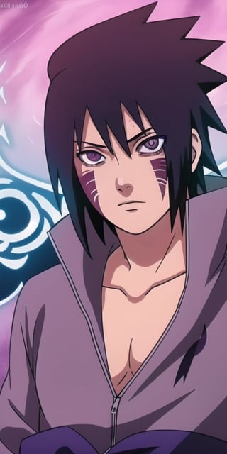 high quality potrait of sasuke uchiha with exposed curse marks and his sharingan eyes directly conract with the veiwer ,purple clour susano behind him ,high detail