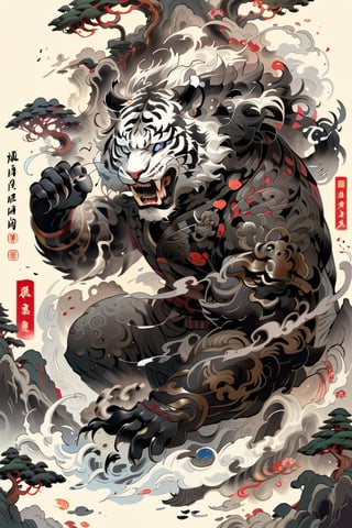 A beautifully drawn (((sumi-e ink illustration))) depicting white tiger punhing his fist at the veiwer

