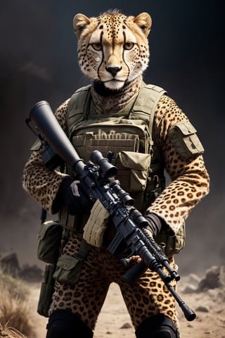 Clever cheetah wearing camouflage and sniper gear, holding a sniper rifle, anthropomorphic, super detail, ultra hd, 8k, real life, maximum facial detail, cinematic lighting 