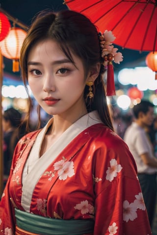 cute japanese girl on asummer festival night market wearing traditiuonal japaness dress looking gently at the veiwer , her flawless face resembles the pale red moon , her face glows on  as the light of street lamp  a potrait of a beautiful young women 
