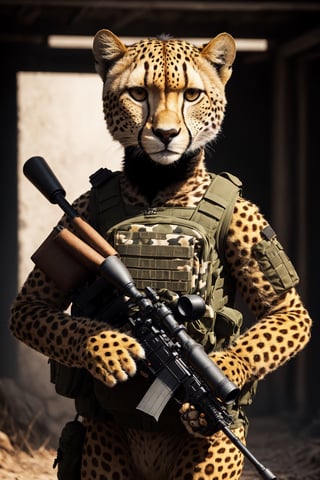 Clever cheetah wearing camouflage and sniper gear, holding a sniper rifle, anthropomorphic, super detail, ultra hd, 8k, real life, maximum facial detail, cinematic lighting 