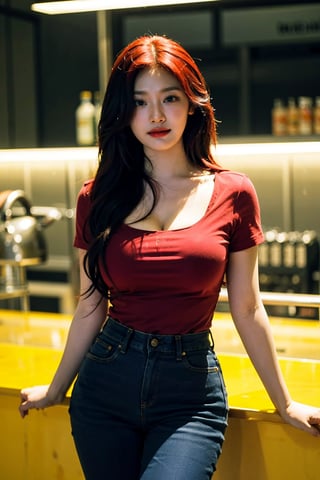 1girl, 8k, high_resolution, best quality, standing, inside cafe, facing front, smilling, proportional eyes, 18+, perfect, (from front), looking_at_camera, front, masterpiece, huge_breasts, thick thighs, straight_hair, ((red_hair)), white_shirt, collared_shirt, cleavage cutout, denim_pants, asian girl