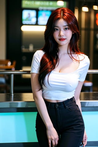 1girl, 8k, high_resolution, best quality, standing, inside cafe, facing front, smilling, proportional eyes, 18+, perfect, (from front), looking_at_camera, front, masterpiece, huge_breasts, thick thighs, straight_hair, ((red_hair)), white_shirt, collared_shirt, cleavage cutout, denim_pants, asian girl