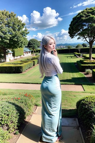 1girl, long hair, White hair, day, blue Sky, clouds,acmm ss outfit,Myanmar,viewed_from_behind,full_body,standing,big_boobies,garden