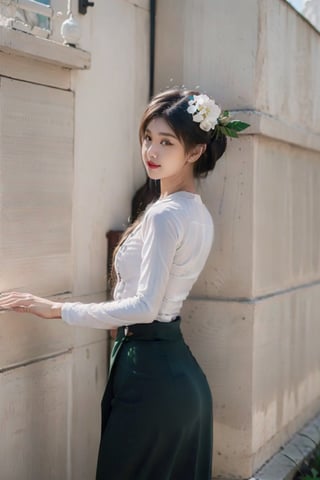 photorealistic, high resolution, masterpiece, best quality ,ultra-detailed, 1women, hair bun , jesmine flower on the head,  mature female, solo, hips up(back view), (wearing acmmsayarma outfit, acmmsayarma white top with buttons, long sleeves), ((acmmsayarma green long skirt))