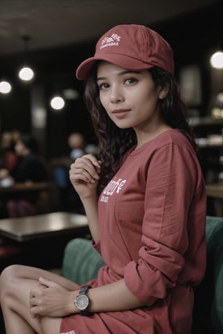 25 year girl, in cafe, sofa, beer, crowd, lights, red tshirt, cap, mobile, watch, 