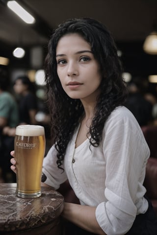 25 year girl, in cafe, sofa, beer, crowd, lights, 