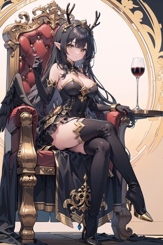 (masterpiece), best quality, high resolution, highly detailed, detailed background, perfect lighting, 1girl, black hair, gold colored inner hair, crossed bangs, long sideburns, absurdly long hair, ((golden eyes)), pointy ears, white marble glowing skin, big breasts, black princess dress, black skirt, skirt tail, strapless, backless, ((black elbow gloves)), (black garter), (black high-heel thigh boots), gold crown, dragon, (gold giant antlers, black wings, black tail), sits on throne, cross legged, hold wine glass, palace, nodf_lora, fantasy, glowing,