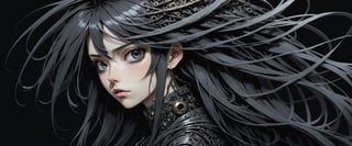 style of Tsutomu Nihei,
(incredibly absurdres, (high resolution:1.18), intricate detail, (masterpiece:1.1), (highest quality:1.1), absurdres) BREAK (1girl, solo, portrait, onyx hair, steel eyes, long hair, detailed eyes), (black background)
