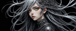 style of Tsutomu Nihei,
(incredibly absurdres, (high resolution:1.18), intricate detail, (masterpiece:1.1), (highest quality:1.1), absurdres) BREAK (1girl, solo, portrait, steel hair, onyx eyes, long hair, detailed eyes), (black background)