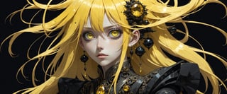 style of Tsutomu Nihei,
(incredibly absurdres, (high resolution:1.18), intricate detail, (masterpiece:1.1), (highest quality:1.1), absurdres) BREAK (1girl, solo, portrait, yellow crystal hair, ((black obsidian eyes)), long hair, detailed eyes), (black background)