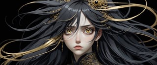style of Tsutomu Nihei,
(incredibly absurdres, (high resolution:1.18), intricate detail, (masterpiece:1.1), (highest quality:1.1), absurdres) BREAK (1girl, solo, portrait, onyx hair, gold eyes, long hair, detailed eyes), (black background)