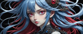style of Tsutomu Nihei,
(incredibly absurdres, (high resolution:1.18), intricate detail, (masterpiece:1.1), (highest quality:1.1), absurdres) BREAK (1girl, solo, portrait, blue crystal hair, ruby red eyes, long hair, detailed eyes), (black background)