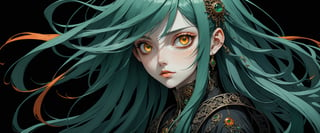 style of Tsutomu Nihei,
(incredibly absurdres, (high resolution:1.18), intricate detail, (masterpiece:1.1), (highest quality:1.1), absurdres) BREAK (1girl, solo, portrait, emerald hair, dark orange eyes, long hair, detailed eyes), (black background)