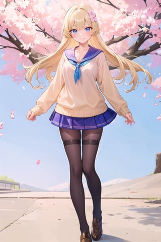 (masterpiece:1.4), (best quality:1.4), illustration, finely detailed, best detailed, clear picture, intricate details, portrait of a full body, light smile, blush, detailed background, 1girl, blonde_hair, ((golden hair)), (long_hair), sky blue eyes, looking_at_viewer, natural light, (((Criin Style))), legs, black thighhighs, standing, school_uniform, seifuku, school_girl, leather shoes, zettai_ryouiki, mini_skirt, (light yellow sweater), school, sakura, falling cherry blossoms, cleavage