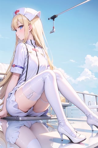 (masterpiece:1.4), (best quality:1.4), illustration, finely detailed, best detailed, clear picture, intricate details, portrait of a full body, expressionless, blush, detailed background, ((1girl)), blonde_hair, ((golden hair)), (long_hair), sky blue eyes, looking_at_viewer, natural light, (((Criin Style))), legs, ((white thighhighs, white high heels)), sitting, zettai_ryouiki, mini_skirt, (((hospital, ward, nurse, nurse_outfit, nurse_uniform, pure white nurse, pure white nurse outfit, pure white nurse uniform, white nurse outfit, white nurse uniform))), ((side_view, sideview)), ((wearing socks)),