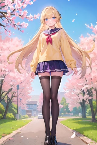 (masterpiece:1.4), (best quality:1.4), illustration, finely detailed, best detailed, clear picture, intricate details, portrait of a full body, light smile, blush, detailed background, 1girl, blonde_hair, ((golden hair)), (long_hair), sky blue eyes, looking_at_viewer, natural light, (((Criin Style))), legs, black thighhighs, standing, school_uniform, seifuku, school_girl, black leather shoes, zettai_ryouiki, mini_skirt, (light yellow sweater), school, sakura, falling cherry blossoms, 