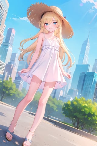 (masterpiece:1.4), (best quality:1.4), illustration, finely detailed, best detailed, clear picture, intricate details, portrait of a full body, light smile, blush, detailed background, 1girl, blonde_hair, ((golden hair)), (long_hair), cyan eyes, light cerulean eyes, looking_at_viewer, (((Criin Style))), legs, zettai_ryouiki, outdoor, ((sundress, mini dress, white dress, straw hat, white sandals, flat sandals, barefeet, middle breast)), scenery, ((day time, daytime, natural light, sunlight, sky, in the park, city, buildings, dutch angle)), wide_shot, wide shot, three sided view