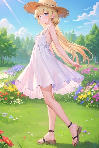 (masterpiece:1.4), (best quality:1.4), illustration, finely detailed, best detailed, clear picture, intricate details, portrait of a full body, light smile, blush, detailed background, 1girl, blonde_hair, ((golden hair)), (long_hair), cyan eyes, light cerulean eyes, looking_at_viewer, (((Criin Style))), legs, zettai_ryouiki, outdoor, ((sundress, mini dress, white dress, straw hat, white sandals, flat sandals, barefeet, middle breast)), scenery, ((day time, daytime, natural light, sunlight, sky, flower gardens, forest, in the field of flowers, from side)), wide_shot, wide shot, 