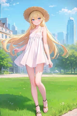 (masterpiece:1.4), (best quality:1.4), illustration, finely detailed, best detailed, clear picture, intricate details, portrait of a full body, light smile, blush, detailed background, 1girl, blonde_hair, ((golden hair)), (long_hair), cyan eyes, light cerulean eyes, looking_at_viewer, (((Criin Style))), legs, zettai_ryouiki, outdoor, ((sundress, mini dress, white dress, straw hat, white sandals, flat sandals, barefeet, middle breast)), scenery, ((day time, daytime, natural light, sunlight, sky, in the park, city, buildings)), perspective, depth of filed