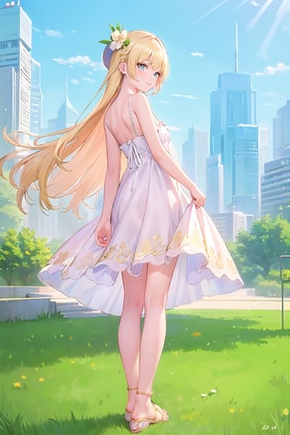 (masterpiece:1.4), (best quality:1.4), illustration, finely detailed, best detailed, clear picture, intricate details, portrait of a full body, light smile, blush, detailed background, 1girl, blonde_hair, ((golden hair)), (long_hair), cyan eyes, light cerulean eyes, looking_at_viewer, (((Criin Style))), legs, zettai_ryouiki, outdoor, ((sundress, mini dress, white dress, straw hat, white sandals, flat sandals, barefeet, middle breast)), scenery, ((day time, daytime, natural light, sunlight, sky, in the park, city, buildings, from behind)), wide_shot, wide shot, 