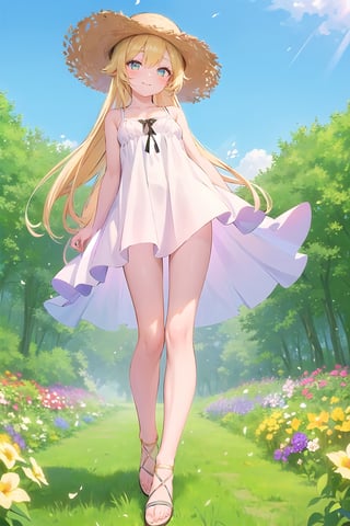 (masterpiece:1.4), (best quality:1.4), illustration, finely detailed, best detailed, clear picture, intricate details, portrait of a full body, light smile, blush, detailed background, 1girl, blonde_hair, ((golden hair)), (long_hair), cyan eyes, light cerulean eyes, looking_at_viewer, (((Criin Style))), legs, zettai_ryouiki, outdoor, ((sundress, mini dress, white dress, straw hat, white sandals, flat sandals, barefeet, middle breast)), scenery, ((day time, daytime, natural light, sunlight, sky, flower gardens, forest, in the field of flowers, from below)), wide_shot, wide shot, 