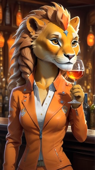 Cartoon: a very cute and young-looking lion queen girl ,in a bar,drinking wine,orange jacket,cheerful,complex backdrop,cinematic lighting,rule of thirds,depth of perspective,trending on artstation,(hyper-realistic,Ultra-detailed,sharp focus,high contrast,HDR,masaterpiece),(fullbody:1.3),dragon_h,art_booster, real_booster