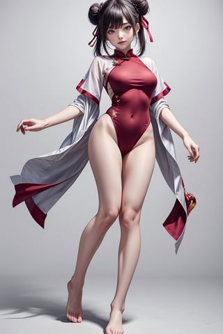 17 year old Korean girl, full body, two buns, pastel tee , red cheongsam swimsuit , (((Pokies))),white simple background,realhands,Samurai girl