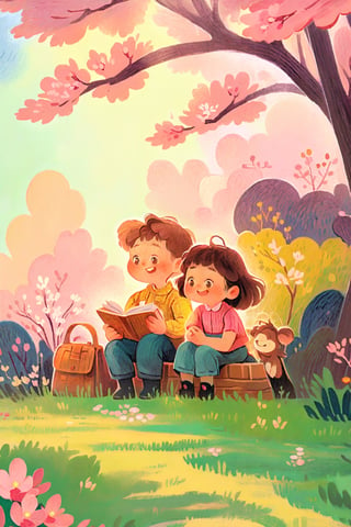 By Van Gogh, sunshine spring with many sakura trees, oil painting, highly detailed, sharpness, dynamic lighting, super detailing, van gogh sight background, painterley effect, post impressionism, ,oil painting, 2d-dimension_animated, masterpiece, cartoon, 1boy with black short hair, 1girl with brown long hair, pink vintage dress sitting together, having picnic at grass,children's picture books